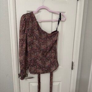 NWT Gibson Women's One Shoulder, Smocked Long-Sleeve, Burgundy Floral Blouse, M